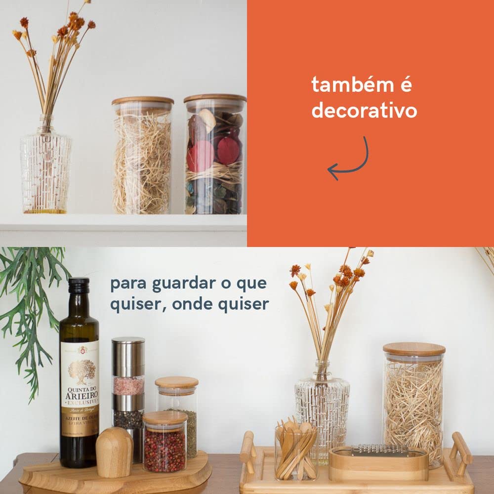 Oikos - Kit 11 Potes de Vidro com Tampa de Bambu Herméticos Redondos