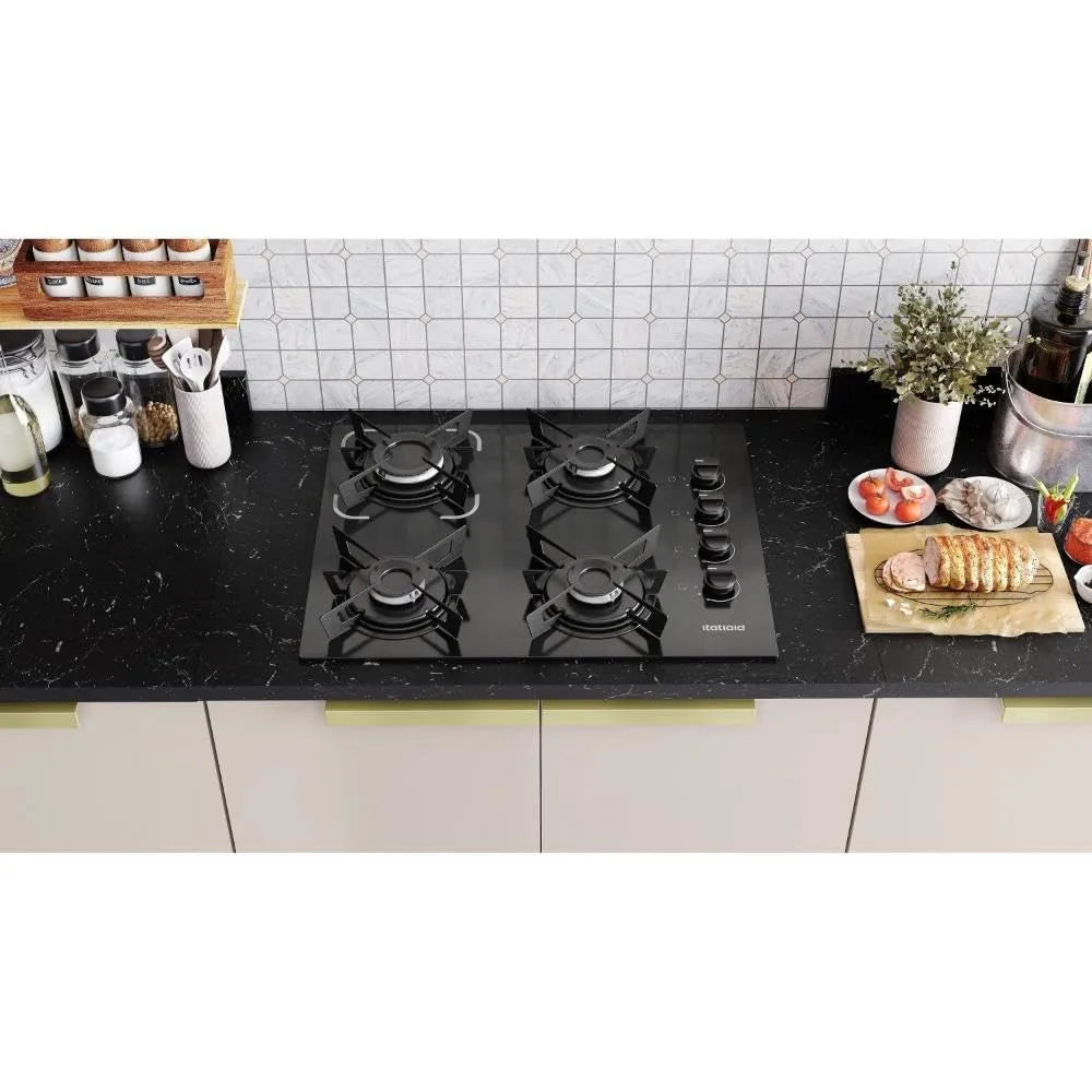 4 Bocas a Gás Itatiaia Electra Glass Mesa de Vidro Acendimento Superautomático Preto Bivolt