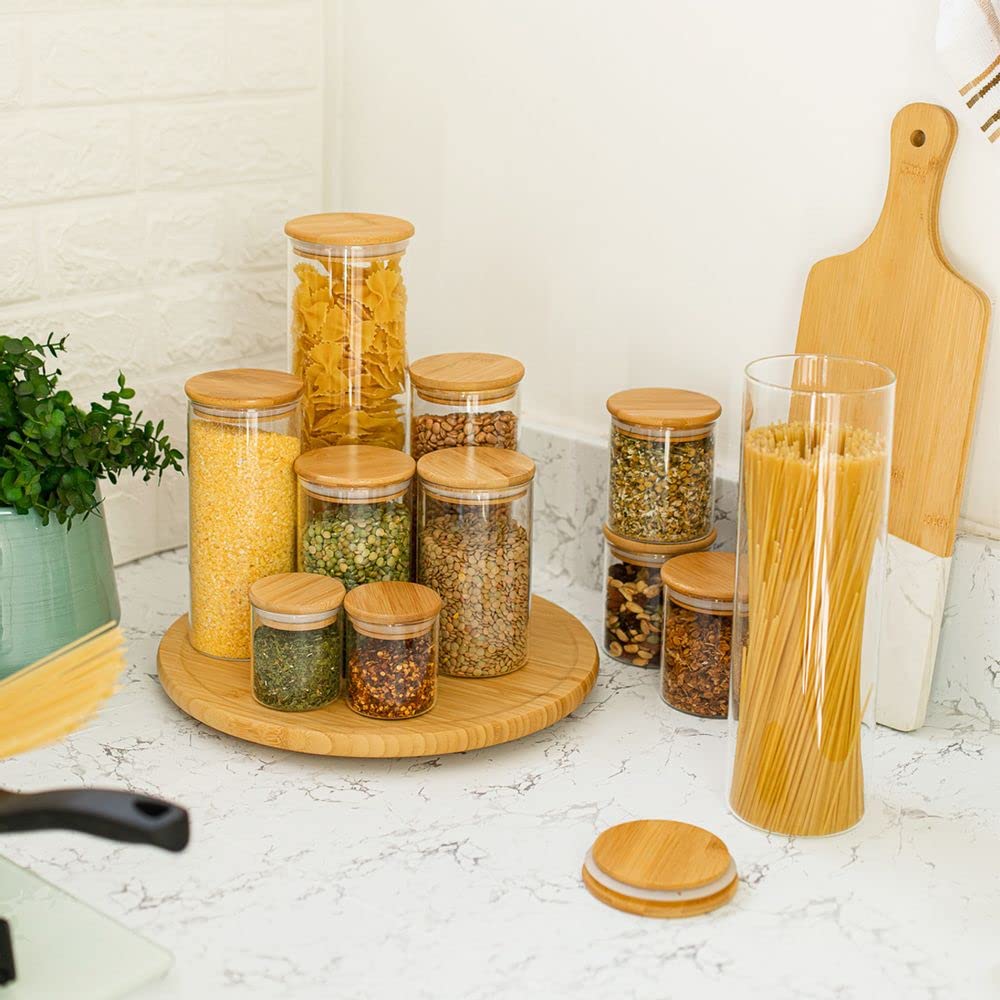 Oikos - Kit 11 Potes de Vidro com Tampa de Bambu Herméticos Redondos