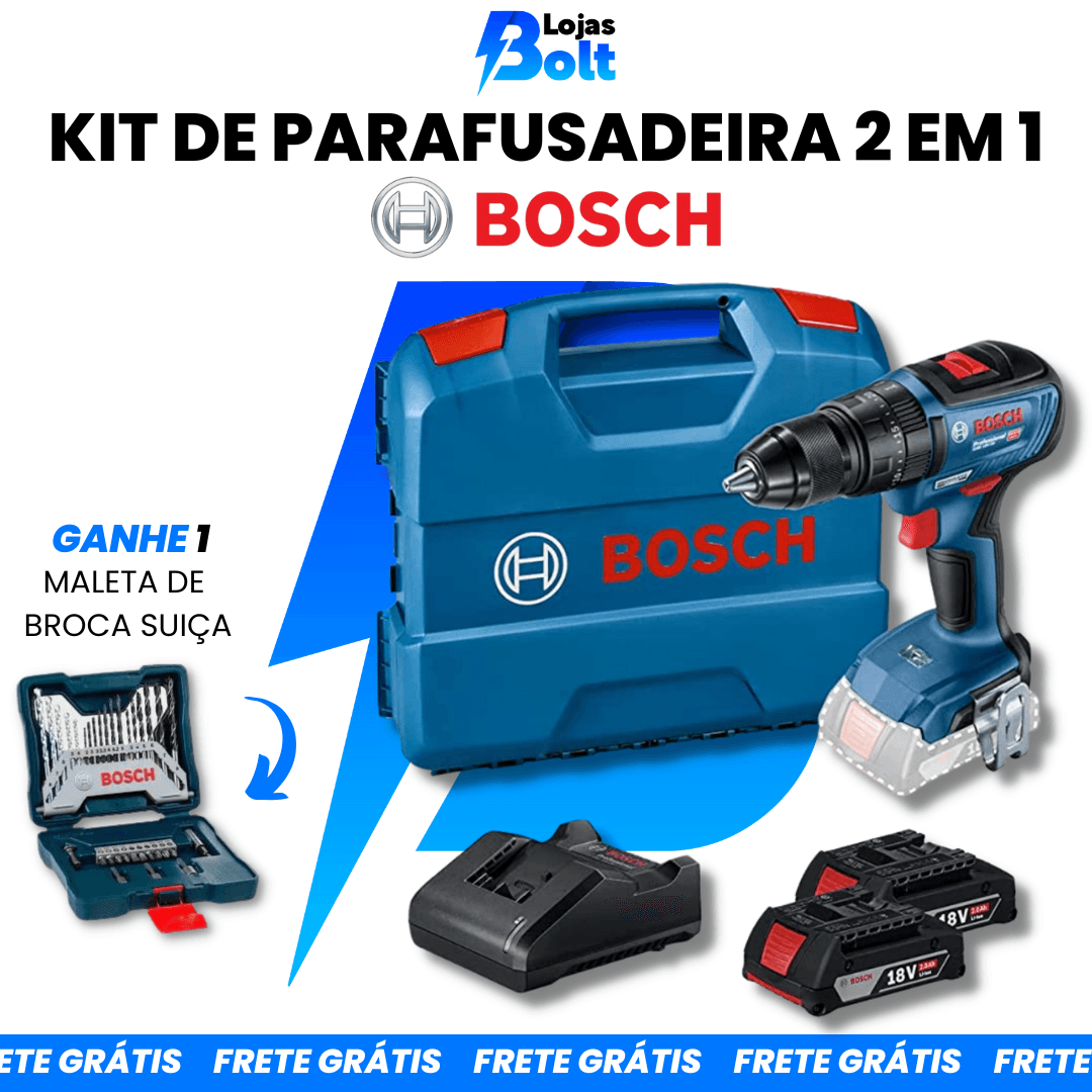Parafusadeira Furadeira Bosch GSB 18V-50 com 2 baterias, 1 carregador + Brinde - Casa Amarela