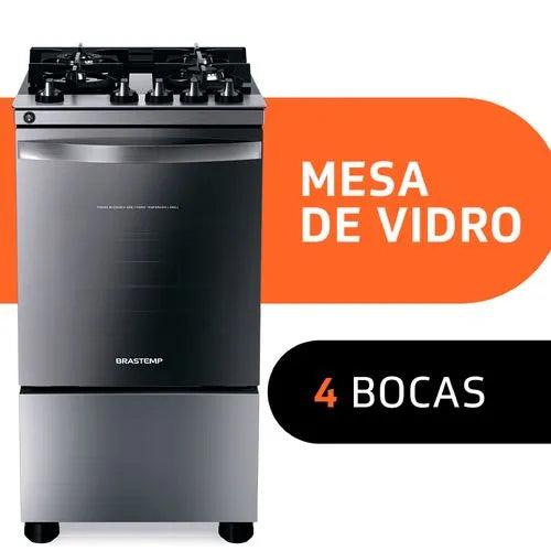 Fogão Brastemp 4 Bocas Inox com mesa de vidro, dupla chama e grill elétrico - BFO4VBR - Casa Amarela