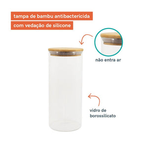 Oikos - Kit 11 Potes de Vidro com Tampa de Bambu Herméticos Redondos