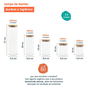 Oikos - Kit 11 Potes de Vidro com Tampa de Bambu Herméticos Redondos
