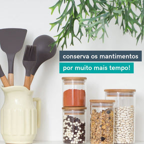 Oikos - Kit 11 Potes de Vidro com Tampa de Bambu Herméticos Redondos